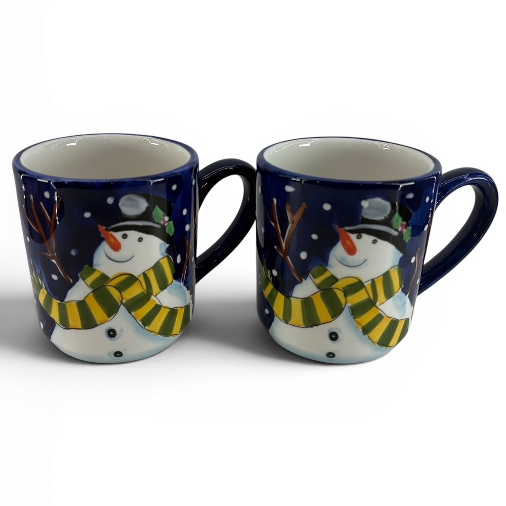 Mesa International Snowman Ceramic Coffee Mugs Set of 2 Navy Blue Winter Holiday